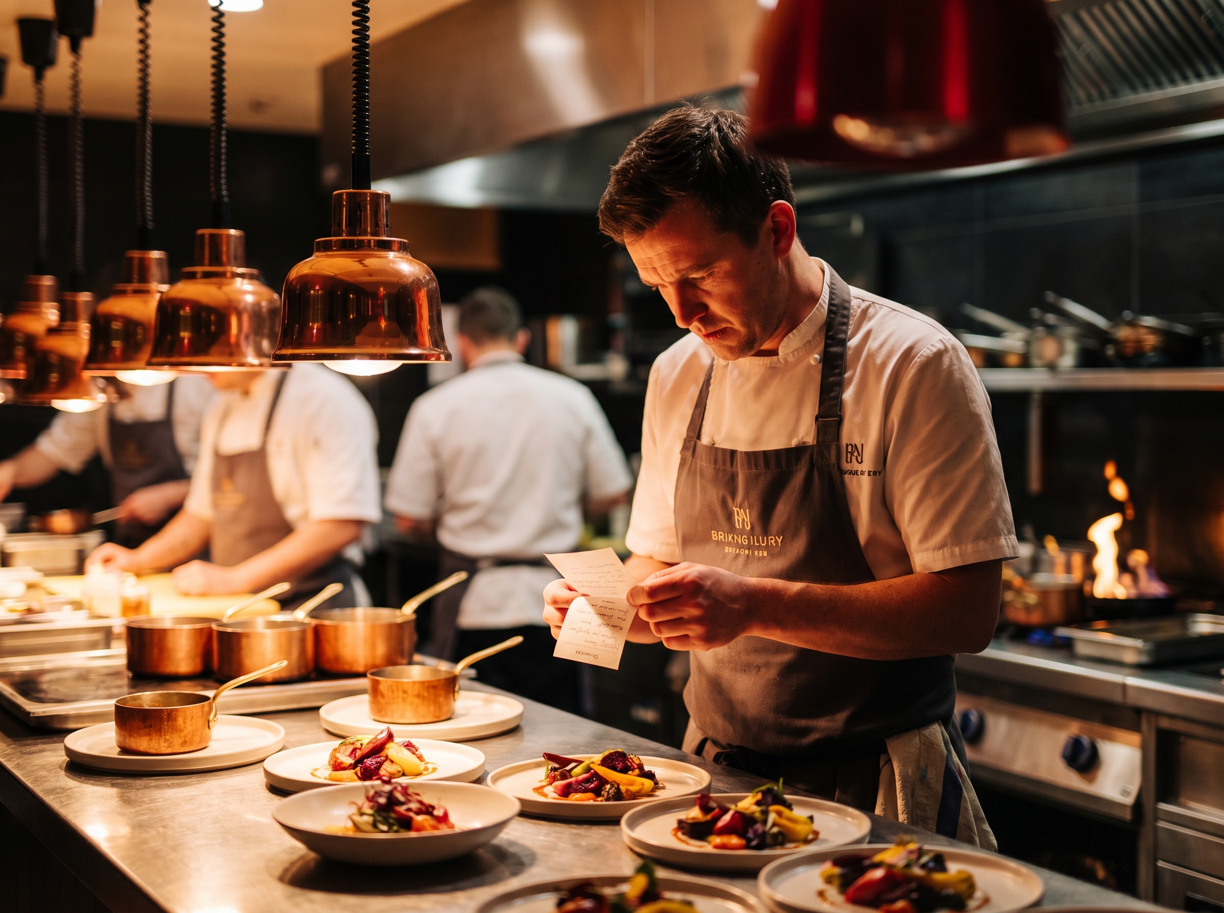 A chef reading a dietary ticket at the pass of a busy bistro kitchen during service.