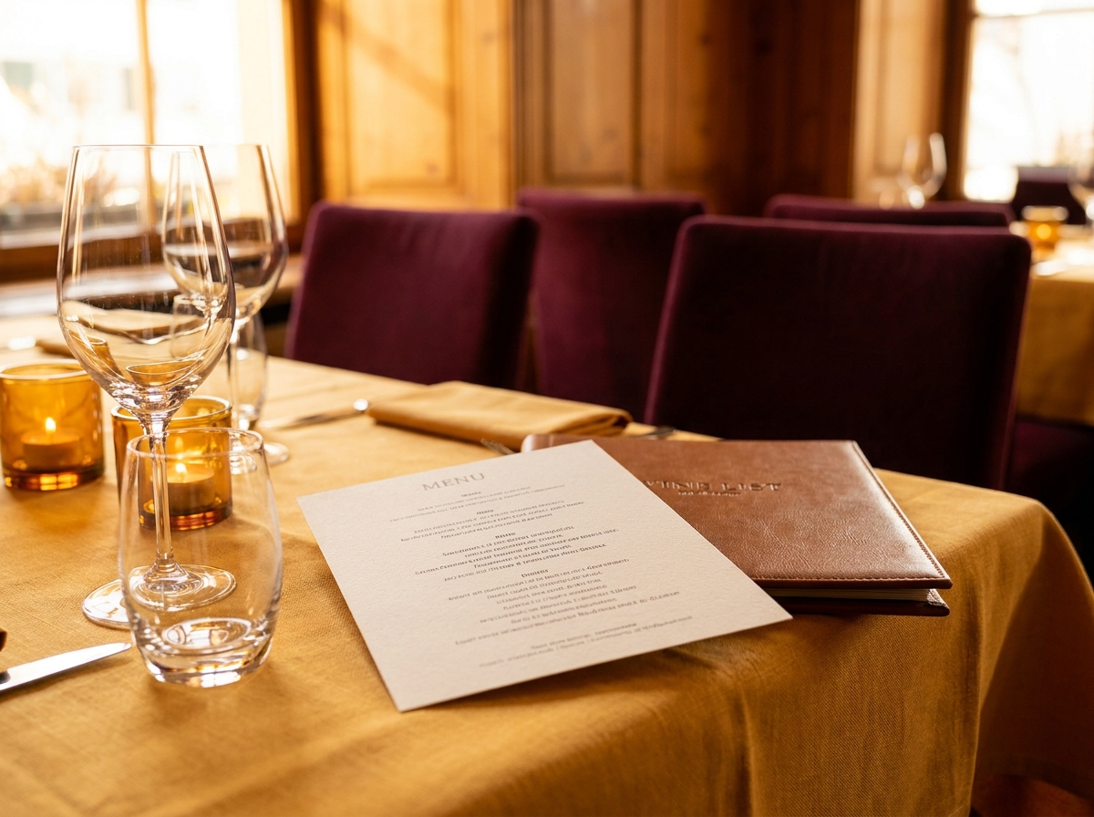 A printed menu and wine list on a table in a warm neighbourhood restaurant.