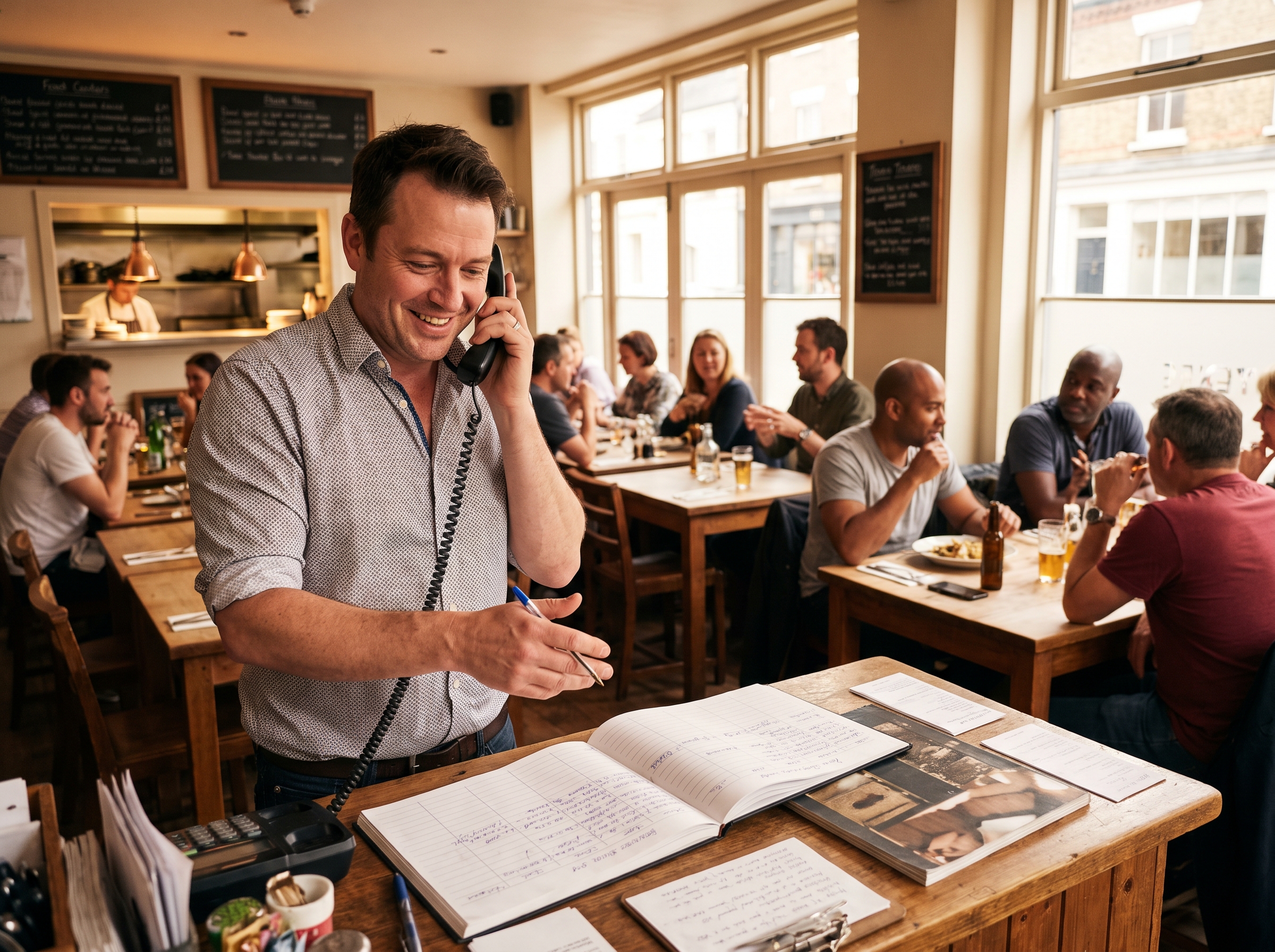 A friendly host taking a booking by phone at the counter of a busy bistro.