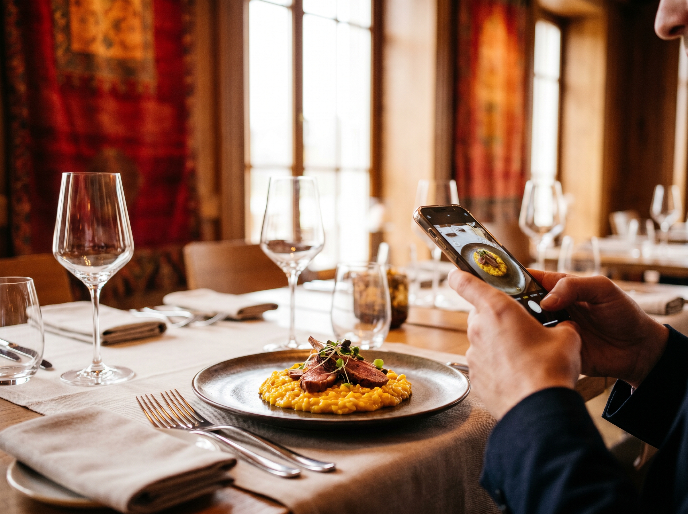 A guest photographing a plated dish on a phone in a warm, busy restaurant.